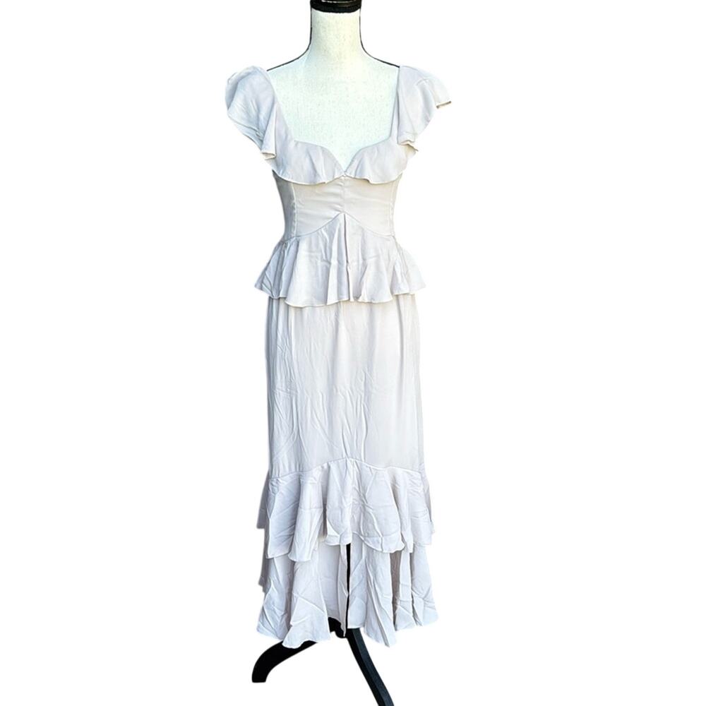 Show Me Your Mumu Reese Ruffle Midi Dress Cream Beige Wedding Guest Bridal Small